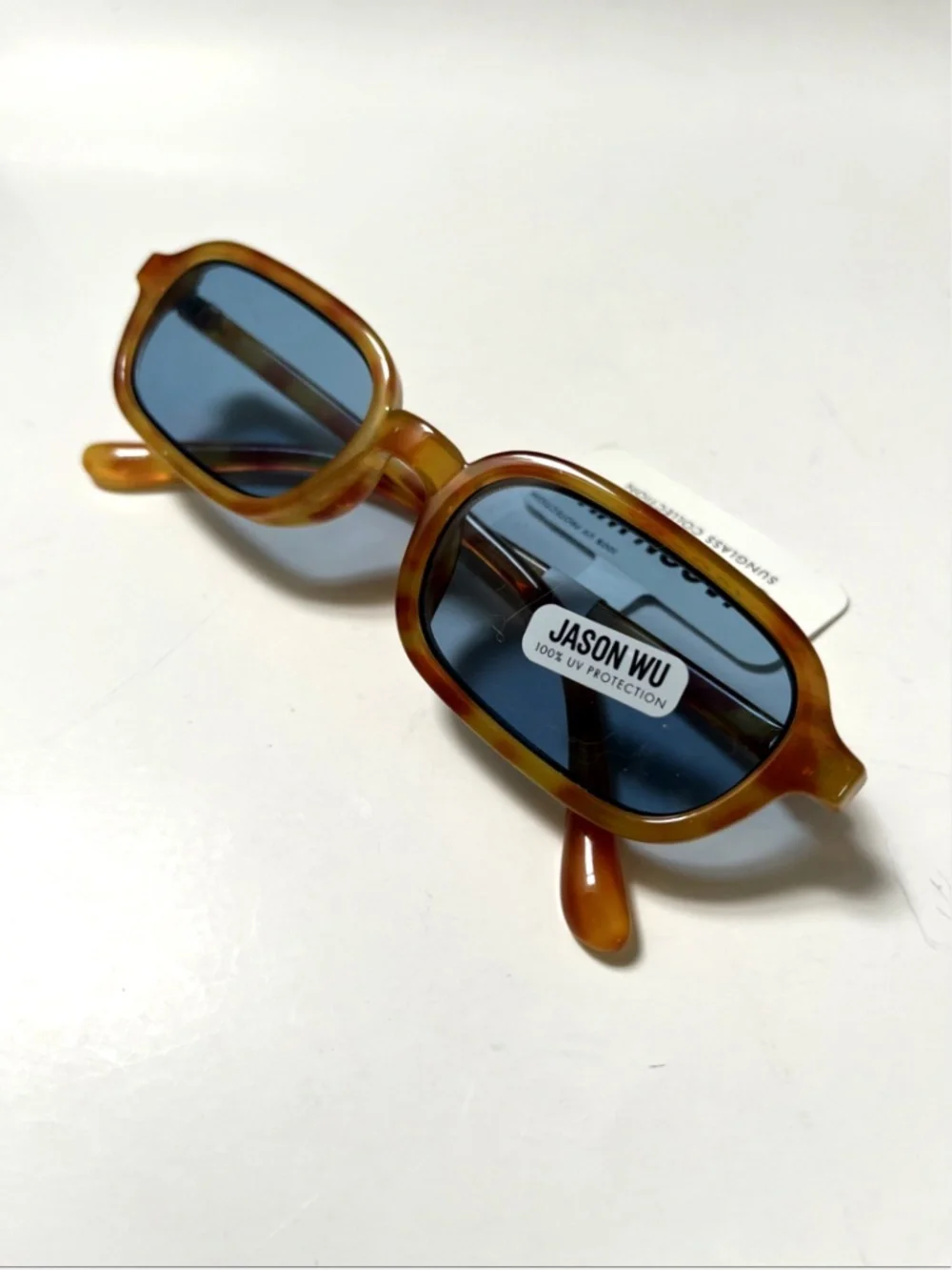 Jason Wu Slim Rectangle Sunglasses Tortoise Shell Acetate UV400 Blue Lens